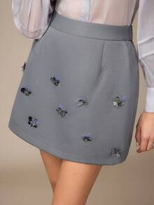 Modelyn Women's Elegant Handmade Beaded Grey A-Line Skirt, Fashionable For Autumn Outings - Grey - View 4