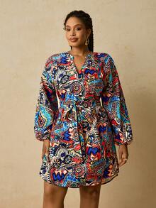 SHEIN VCAY Plus Size Women African Geometric Print Shirt Dress, Tie Waist Short Dress