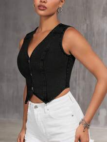 SHEIN Frenchy 休闲通勤短款牛仔背心 - 黑色 - 查看 6