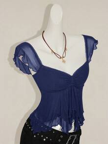 SHEIN ICON Women's Ruched Front Fitted Sexy Mesh Patchwork Cap Sleeve Backless Casual Vacation Cropped Tank Top,Sexy Tops - Navy Blue - View 6