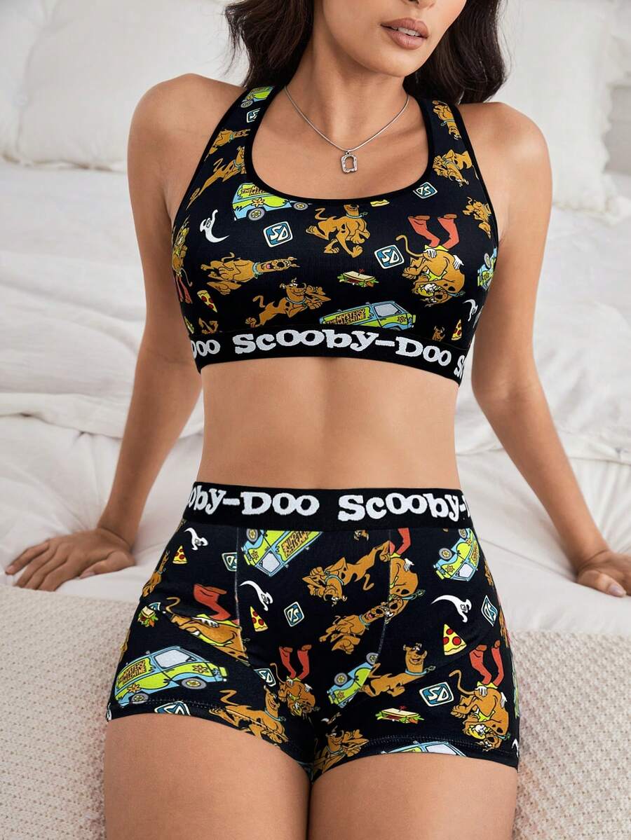 SCOOBY-DOO X SHEIN Bộ đồ lót cổ tròn họa tiết chữ và hoạt hình cho nữ, quần đùi và áo ngực, bộ 2 món, bộ ngắn cho nữ, bộ 2 món, quần đùi và áo - màu đen - Xem 1
