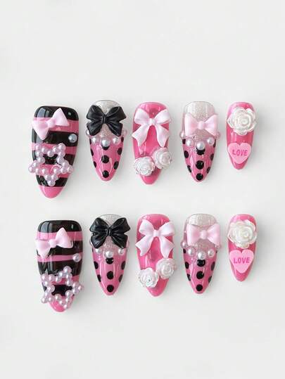 Anime 10pcs Cute Bowknot Music Note Star Element High Quality Handmade False Nails + 3pcs Double-Sided Adhesive, Y2K French Style Rhinestone Chain Polka Dot Removable Nail Art Stickers, Suitable For Holidays, Parties, Dancing And Daily Wear