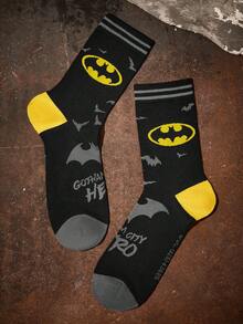 BATMAN X SHEIN 2 双柔软透气吸湿排汗休闲中筒袜，带蝙蝠图案，时尚酷灰色和背面中筒袜，加固脚趾和脚跟，经久耐用，男女通用，四季百搭夏冬图案袜子