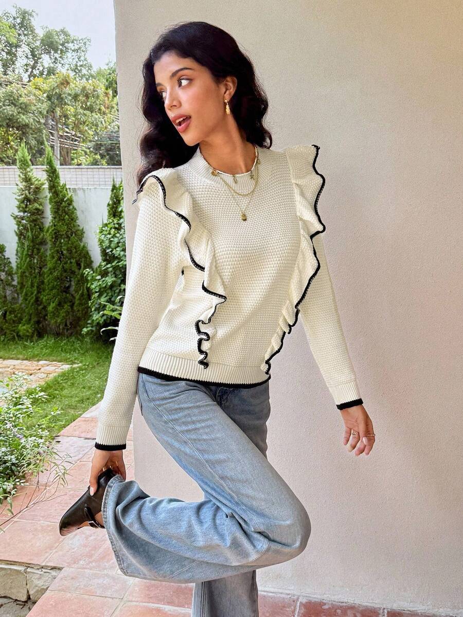 SHEIN Frenchy Women's Simple Contrast Color Trim Collar Ruffle Hem Sweater Winter Casual - Multicolor - View 1