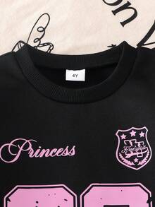 SHEIN Explorewe 2 件套女童休闲时尚 23 号印花长袖运动衫和粉色裤子，秋冬时尚甜美少女休闲装 - 黑色 - 查看 8
