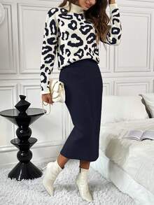 SHEIN LUNE 2pcs Leopard Print Fitted Elegant Knit Sweater Set - Navy Blue - View 3