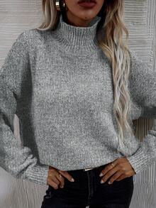 EMERY ROSE Áo len chui đầu cổ lọ tay dài màu trơn thường ngày, Thu/Đông - Xám - Xem 7