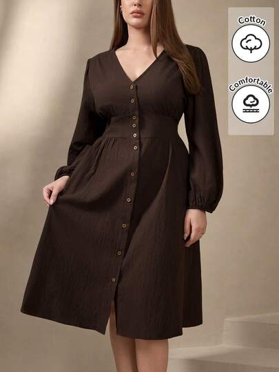 Chikora 大码 V 领灯笼袖复古腰口袋喇叭休闲连衣裙，适合工作、通勤和教师装