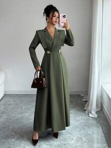 Elenzga Elegant Crossover Collar Cinched Waist A-Line Dress, Metallic Flower Decor, Commuting & Formal Wear, Autumn/Winter, Brown