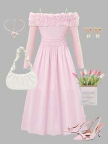 Tween Girl Solid Color 3D Floral Decor Off-Shoulder Long Sleeve Elegant Dress - Pink - View 2