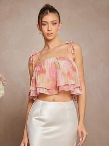 L'Amorae Áo hai dây xếp ly pastel thanh lịch, cắt cúp bằng vải voan, có chi tiết đính hoa - Hồng - Xem 5