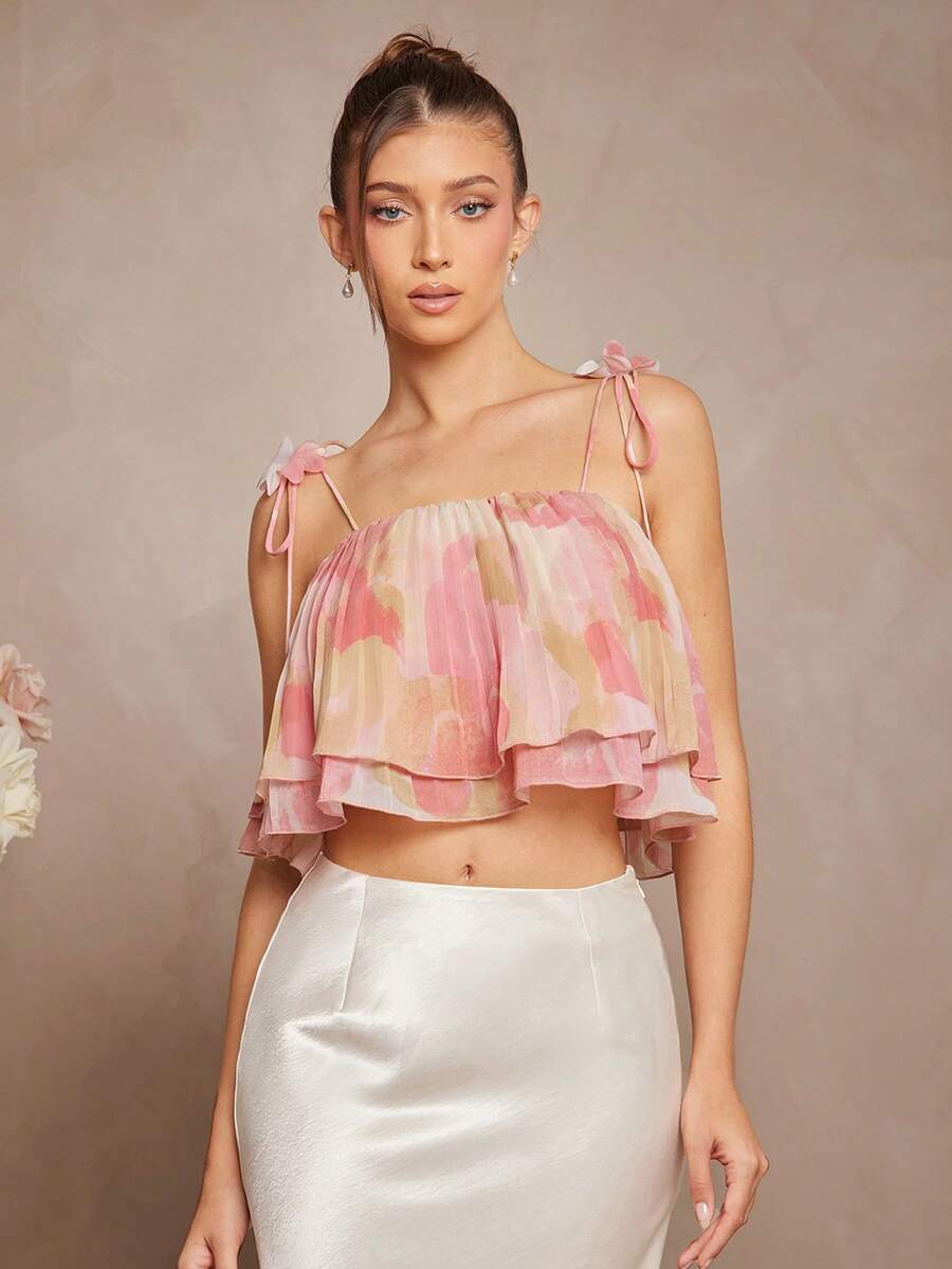 L'Amorae 优雅淡彩褶皱雪纺短款吊带背心夏季上衣，带有花朵贴花细节 - 粉色 - 查看 1