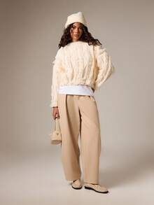 AiiRZ Cable Knit Sweater With Fringe Detail Long Sleeve Pullover For Fall Winter - Apricot - View 3