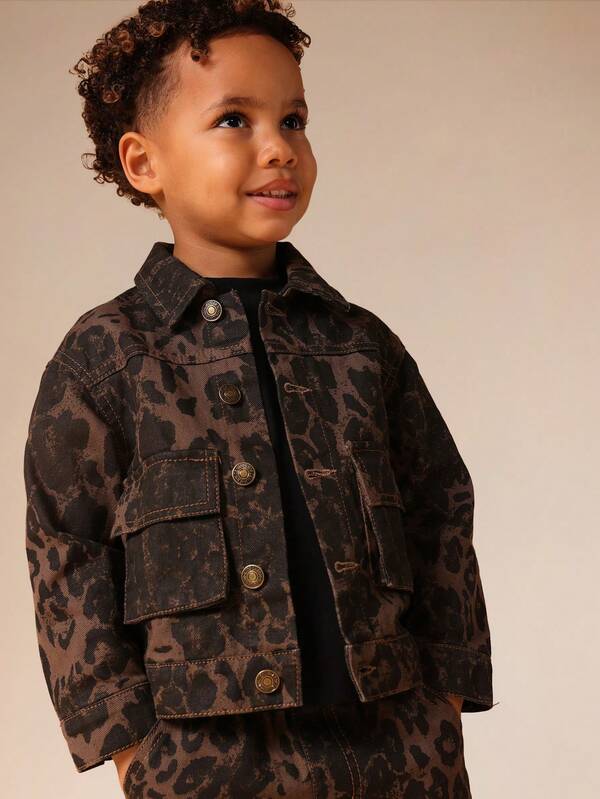 SUMWON Chaqueta vaquera de botones con estampado de leopardo y manga larga casual para niños