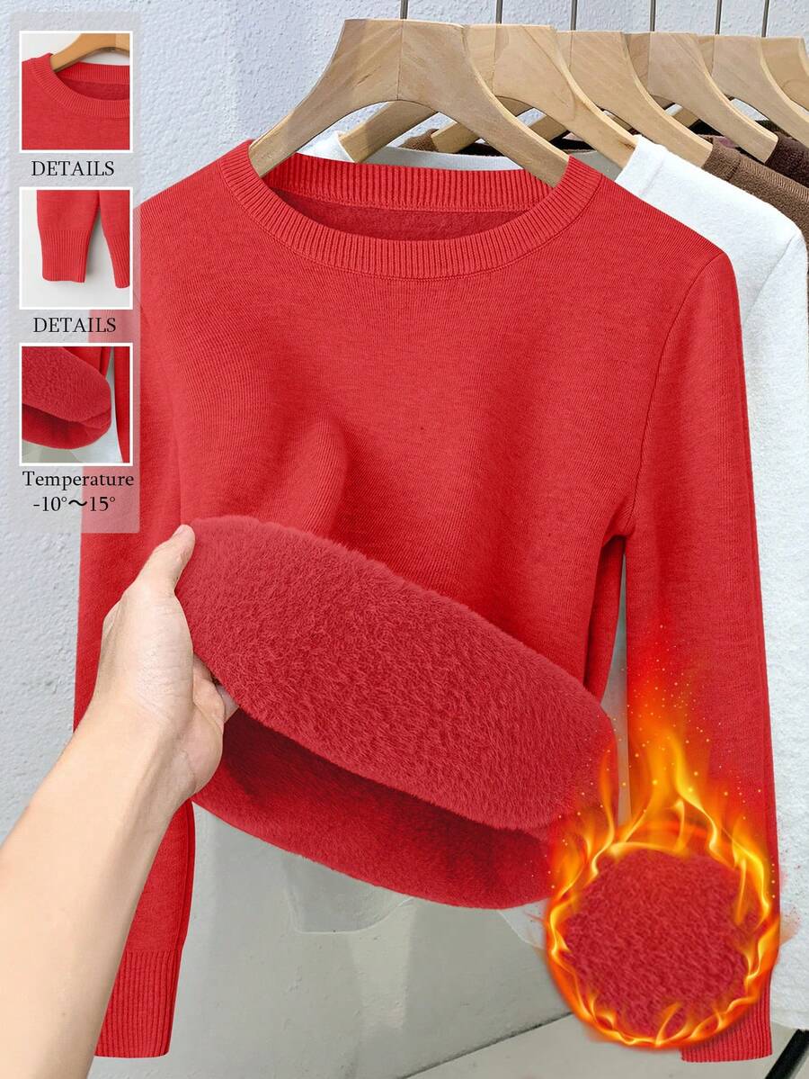 Franclia 女式修身圆领保暖长袖毛衣 - 紅色 - 查看 1