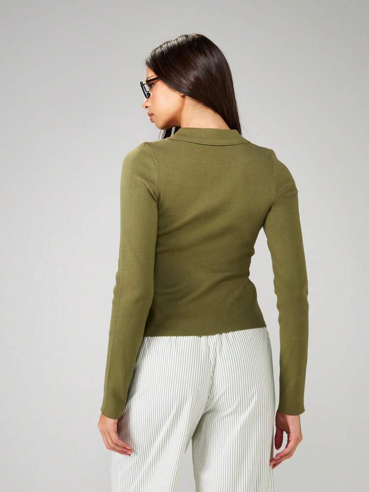 MISSGUIDED Collared Keyhole Cardigan Long Sleeve Ribbed Knit Button Front Fall Winter Casual Top Christmas