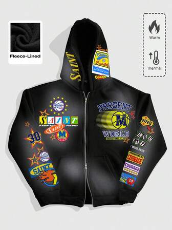 Street Life Sudadera con capucha casual de hombre con estampado de letras y cremallera, otoño/invierno