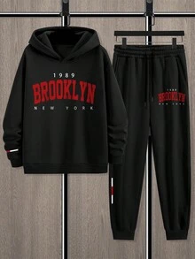 Manfinity Homme 2pcs Men's Thermal Lined New York Slogan Print Casual Sweatshirt And Sweatpants Set, Fall/Winter Clothes - Black - View 4