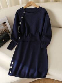 Conjunto casual de suéter e saia de malha com gola redonda, cor sólida, manga comprida, design de botões, outono/inverno - Azul Real - Ver 8