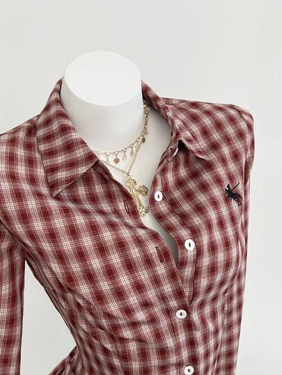 Elamini 1pc Women's Red Plaid Embroidered Slim Fit Button-Down Long Sleeve Shirt, Versatile For Daily, Commute, Casual, School, Valentine's Day