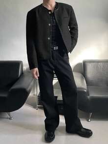 DAZY Men's Solid Color Textured Fabric Short Jacket, Autumn/Winter - Black - View 4