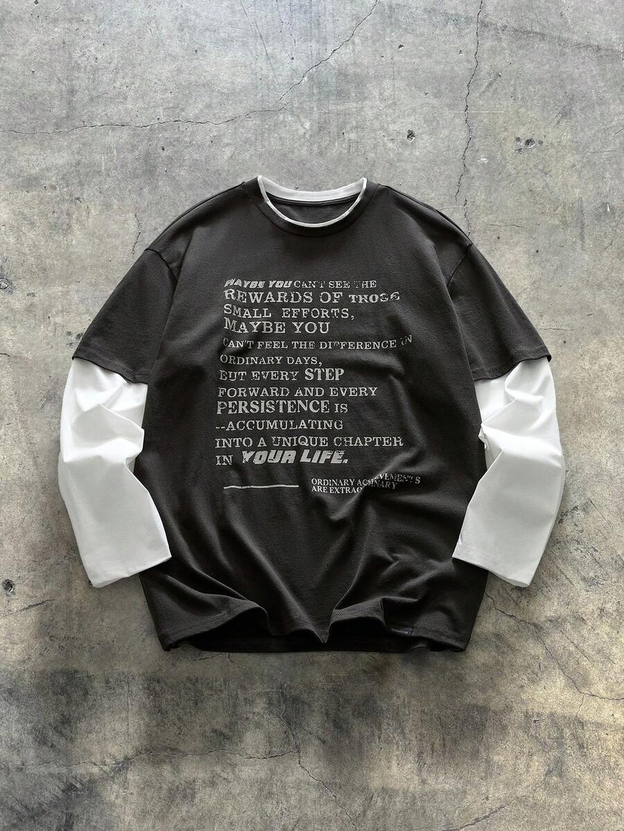 AXEPEAK 男士针织休闲日常年轻一代英文文字印花拼接宽松长袖T恤，夏季，学校，秋季 - 灰色 - 查看 1