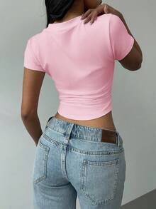 SHEIN BASICS 女式 V 领褶皱 T 恤，带有休闲简约马标志印花，适合春夏季 - 淺粉色 - 查看 2