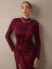 Modelyn Women's Solid Color Stand Collar Long Sleeve Ruched Side Slit Hem Dress - Burgundy - View 6