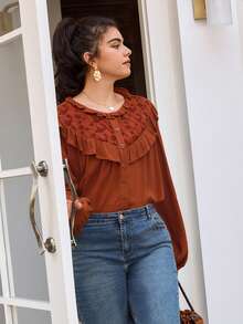 SHEIN Frenchy Plus Size Women Ruffle Hem Blouse, Casual Commuter Shirt Thanksgiving - Rust Brown - View 5