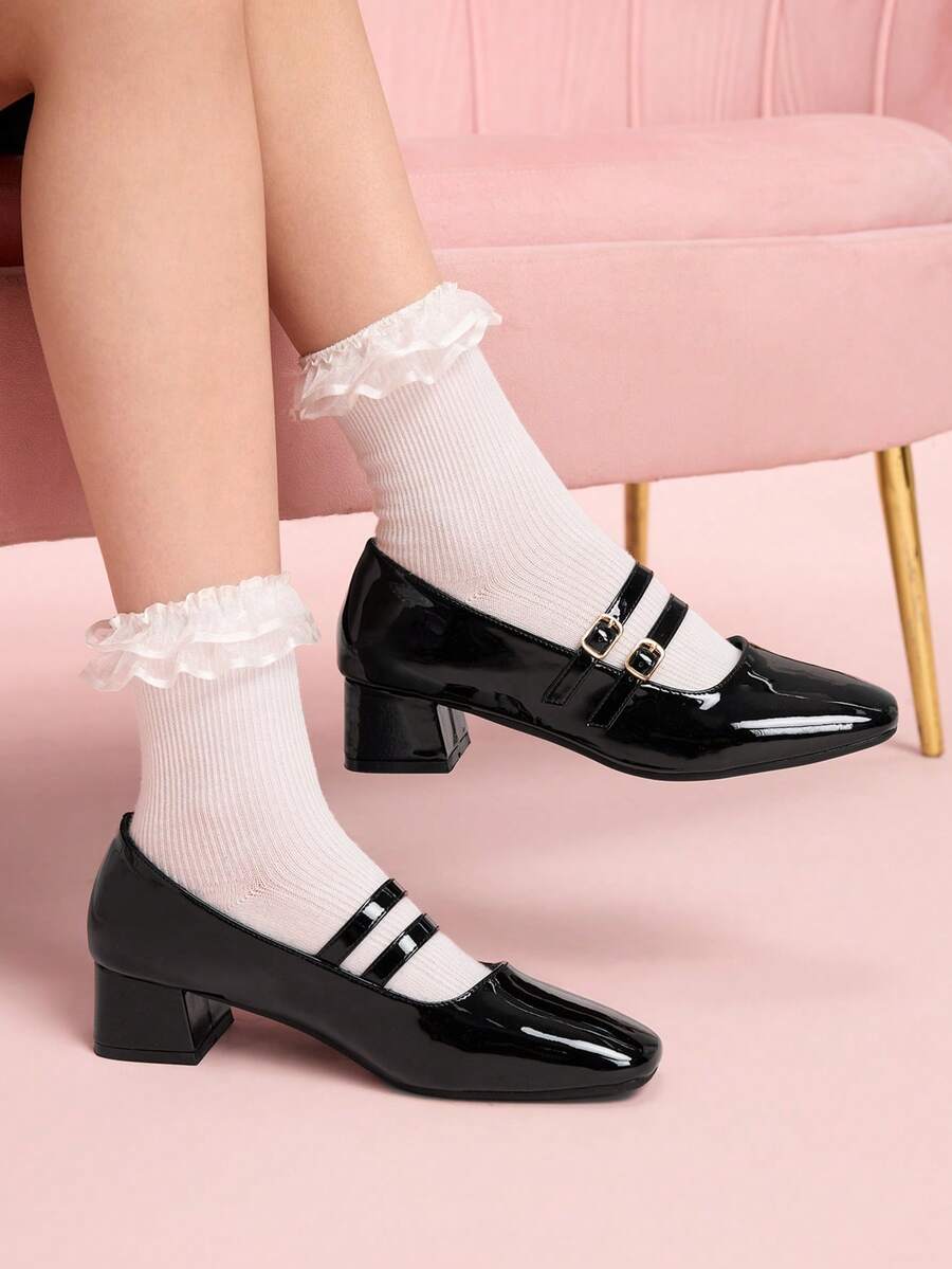 CUCCOO DOLLMOD 女士黑色复古经典优雅百搭玛丽珍鞋,粗带粗跟 - 黑色 - 查看 1