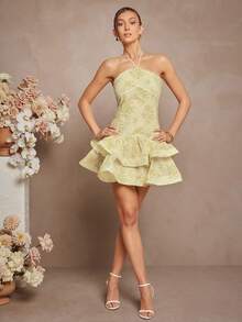 L'Amorae Woven Embroidered Elegant Halter Neck Ruffle Hem Sleeveless Dress - Light Yellow - View 3