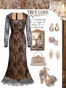 Ellevyn 女式方领长袖收腰紧身蕾丝连衣裙，优雅日常穿着，性感派对社交活动穿着