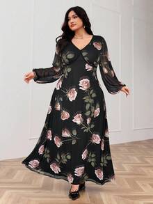 Modelyn Đầm ren chắp vá họa tiết hoa cổ chữ V tay đèn lồng thanh lịch cho nữ cỡ lớn - màu đen - Xem 2