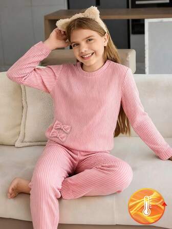 1 Set Girl's Pajamas, New Design For Tween Girls Featuring Long Sleeve Crew Neck Top With Large Bow Decor At Bottom Left, Stretchy Knit Fabric, Machine Washable, Comfortable Fit, Family Matching Outfits, Mommy And Me Matching Outfits (2 Sets Sold Separately) Tween Girl Bow Pajamas Fall Winter