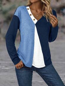 SHEIN LUNE 拼色纽扣细节落肩T恤图案T恤女式上衣 - 藍色 - 查看 5