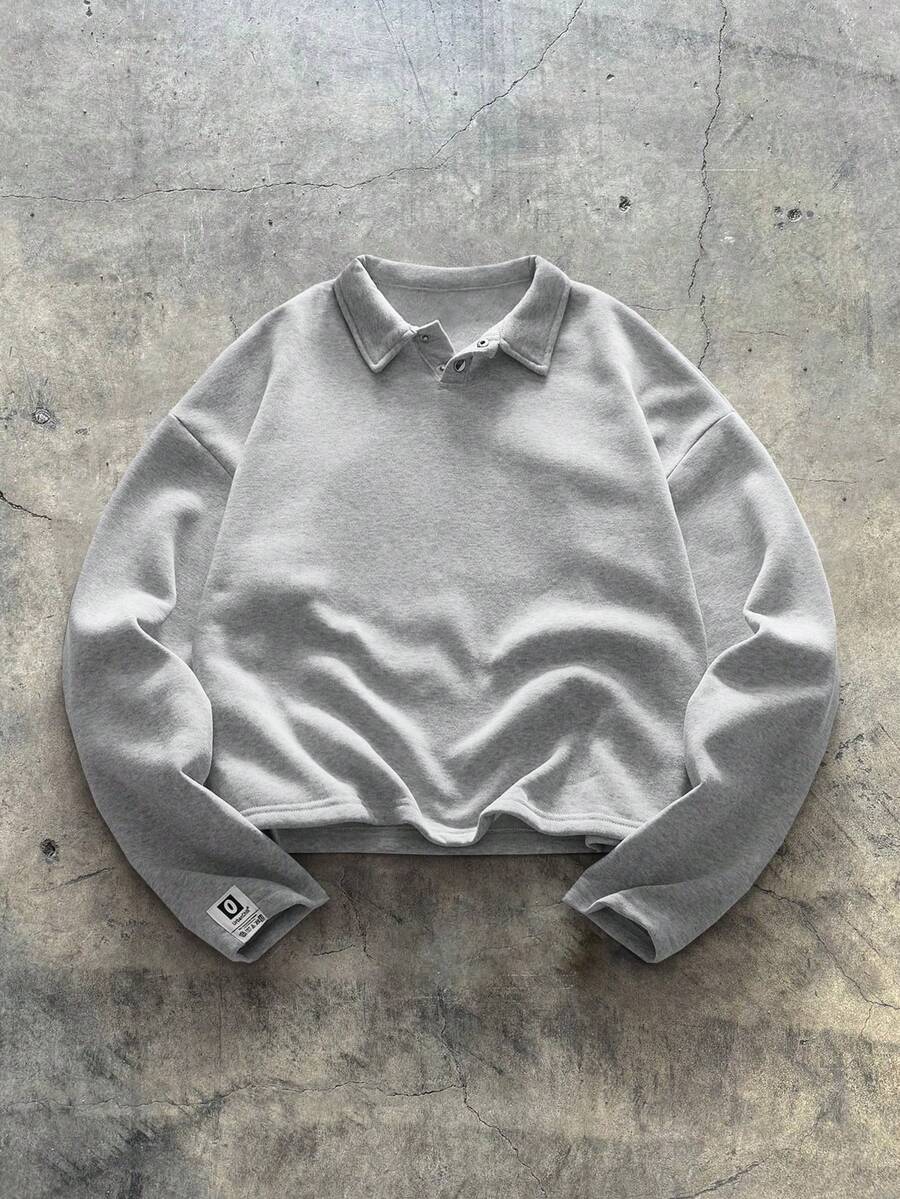 AXEPEAK 针织时尚休闲男士纯色长袖半襟宽松 Polo 衫，适合朋友，秋季 - 灰色 - 查看 1