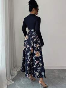 Modelyn Váy cổ lọ họa tiết hoa thanh lịch dành cho nữ, đính hạt, phù hợp cho mùa thu/đông - màu đen - Xem 2