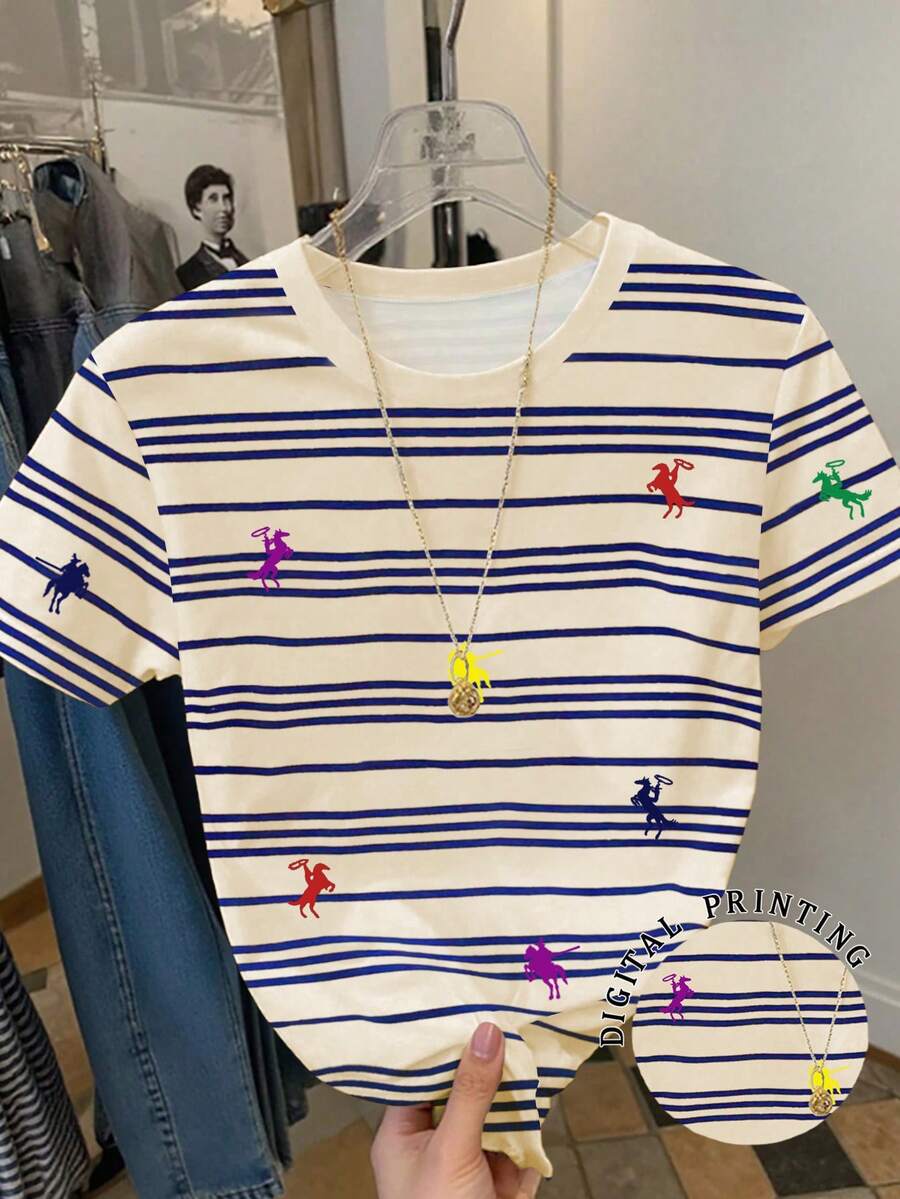 SHEIN Women's Casual Striped Knight Print Round Neck Short Sleeve T-Shirt - Multicolor - View 1
