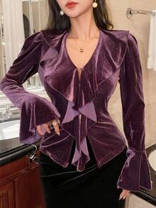 DAZY 女士优雅纯色荷叶边喇叭袖衬衫，秋季长袖女士外出上衣 - 紫色 - 查看 3