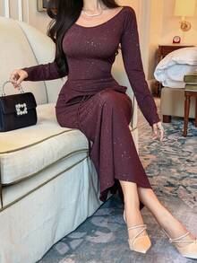 DAZY Set elegant de 2 piese pentru femei, cu tricou și fustă asimetrice cu paiete, toamnă - Violet - Vizualizare 1