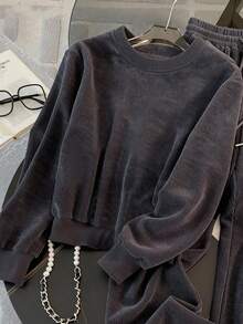 Resyla 2pcs Set Minimalist Round Neck Sweatshirt, Commuting Fashion, Gift For Friends - Dark Grey - View 2