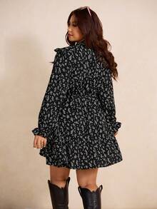 Elaquor Plus Size Ruffle Hem A-Line Dress, Ditsy Floral Casual Elegant Everyday Long Sleeve Suitable For Spring Layering Black Flower - Black - View 3