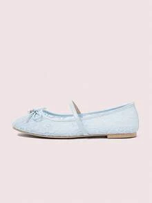 CUCCOO DOLLMOD Women's Blue Mesh Color-Blocking PU Pearl Bow Decor Cute Mary Jane Flat Sandals, Suitable For Vacation - Blue - View 6