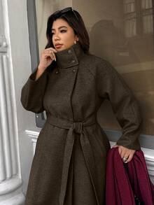 Easura Plus Size Women's Solid Color Raglan Sleeve Belted Casual Long Woolen Coat, Autumn/Winter - Coffee Brown - View 4