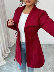 Elenzga Chaqueta delgada de mujer con manga larga y cordón, con solapa grande, para otoño/invierno - Burdeos - Ver 6