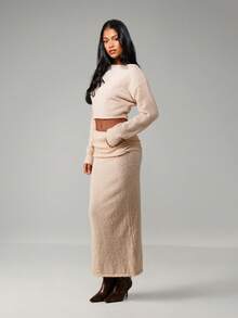 MISSGUIDED Conjunto de punto acogedor de dos piezas con suéter corto y falda maxi para otoño e invierno - Beis - Ver 5