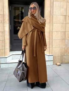 Aloruh 秋冬女士时尚裹身设计咖啡色大衣披肩+夹克 - 駝色 - 查看 1