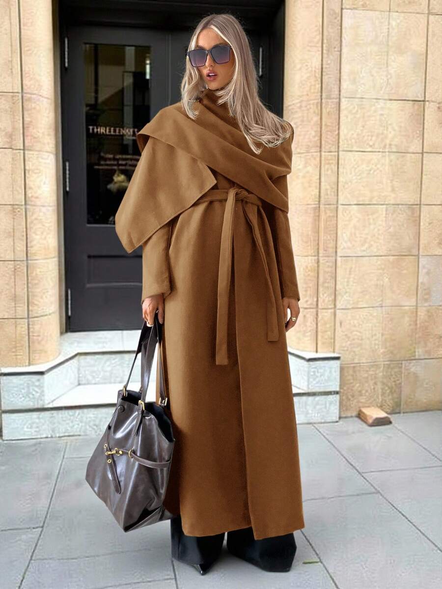 Aloruh 秋冬女士时尚裹身设计咖啡色大衣披肩+夹克 - 駝色 - 查看 1