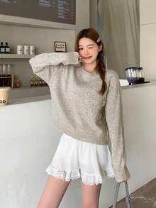 SHEIN Teen Girls Floral Pattern Solid Color Crew Neck Sweater, 3D Flower Decor, Suitable For Winter, Halloween