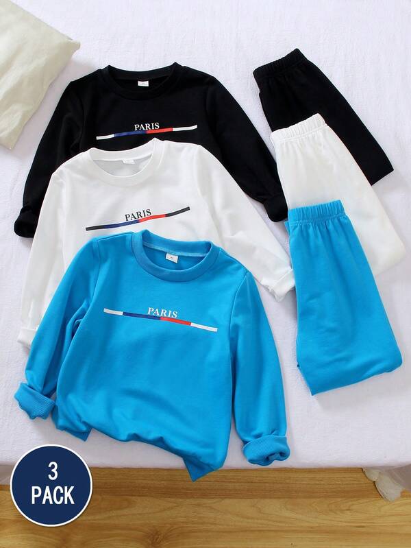 4-7 Years Old 3pcs/Set Long Sleeve Crew Neck Pullover & Pants Set, Toddler Boys Energetic Letter & Striped Print, White Knit + Black Knit + Light Blue Knit, Soft & Comfortable Casual Sports Loose Fit Suitable For Daily, School, Outing, Holiday, Essential Autumn/Winter Outfit